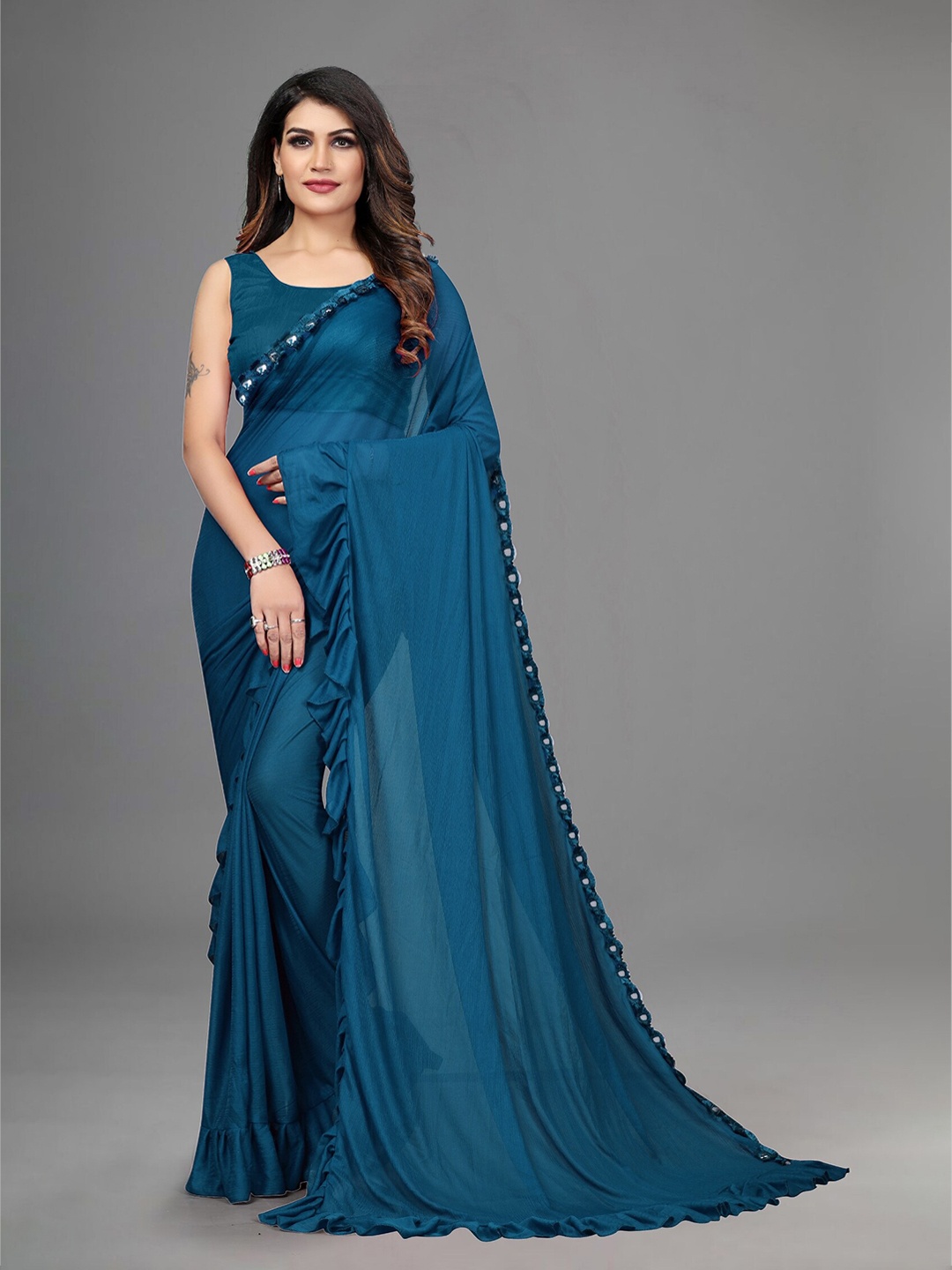 

APNISHA Teal Mirror Work Saree