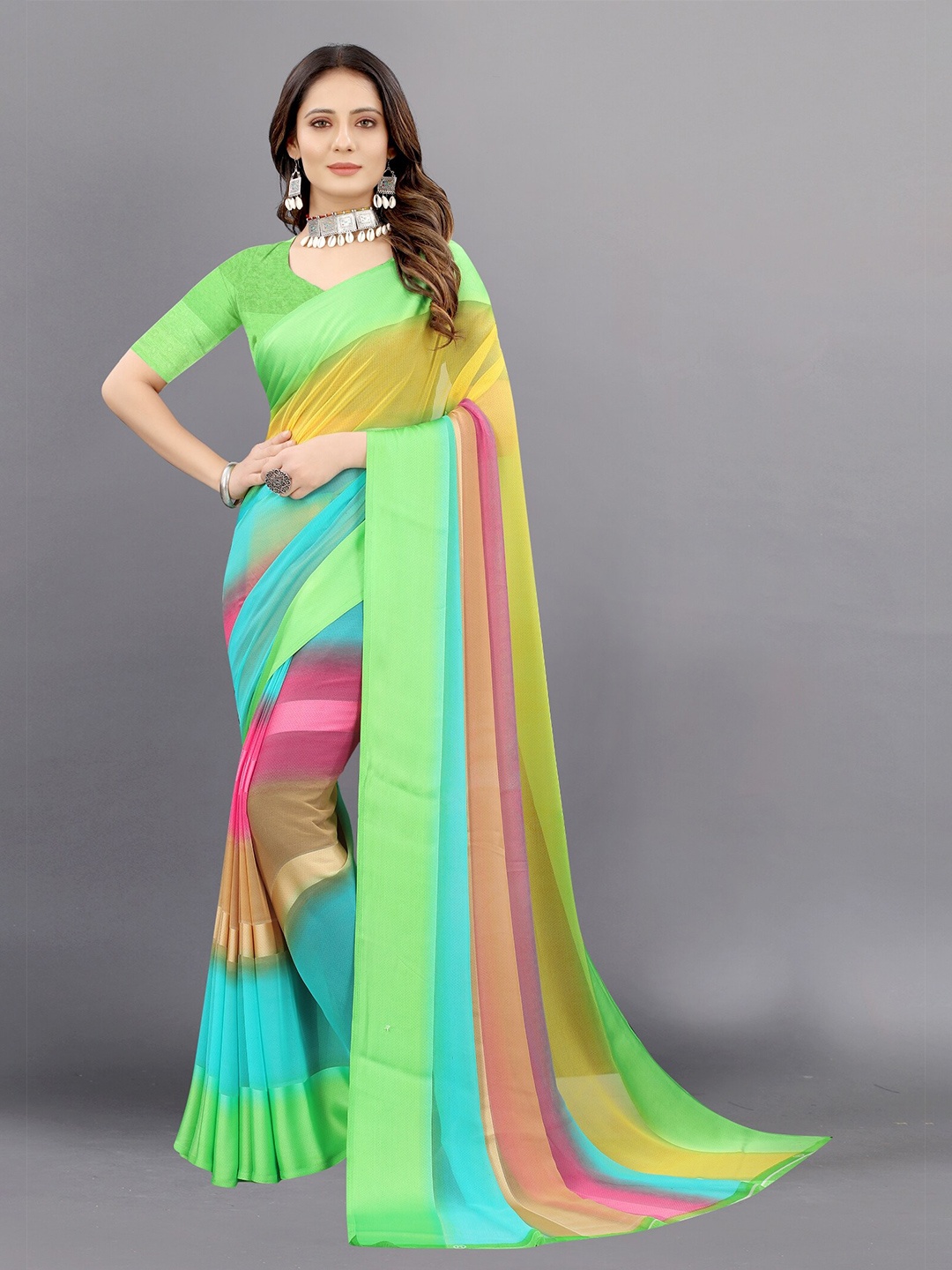 

APNISHA Green & Pink Colourblocked Pure Georgette Saree