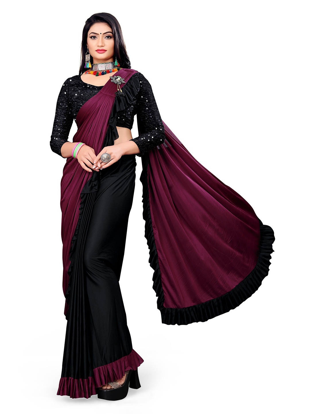 

APNISHA Purple & Black Sequinned Saree