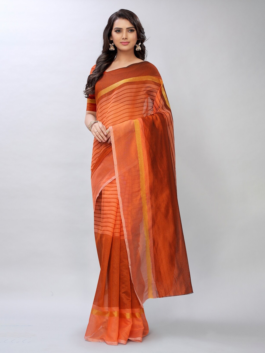 

APNISHA Orange & Gold-Toned Striped Pure Cotton Saree