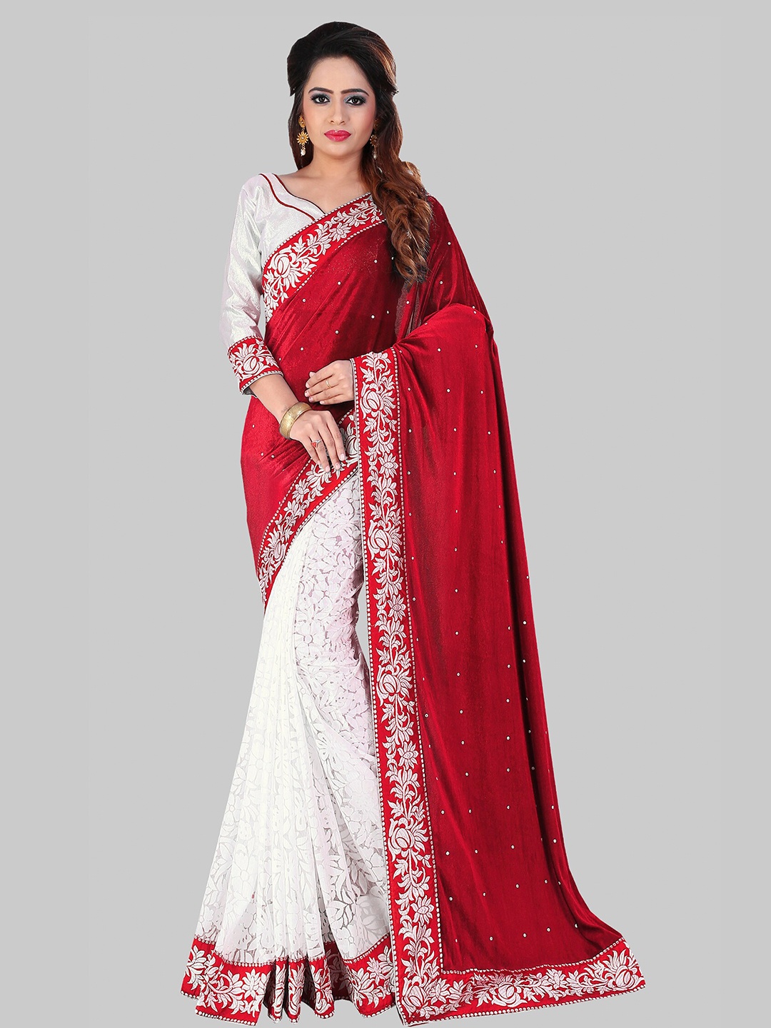

APNISHA Red & White Floral Zari Velvet Saree