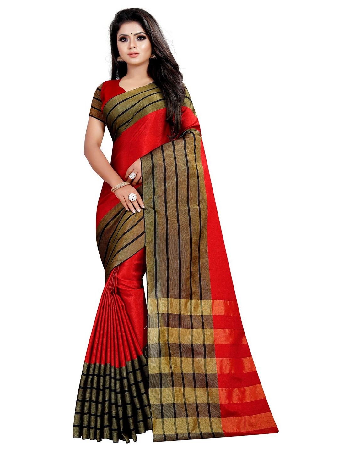 

APNISHA Red & Black Striped Pure Cotton Saree