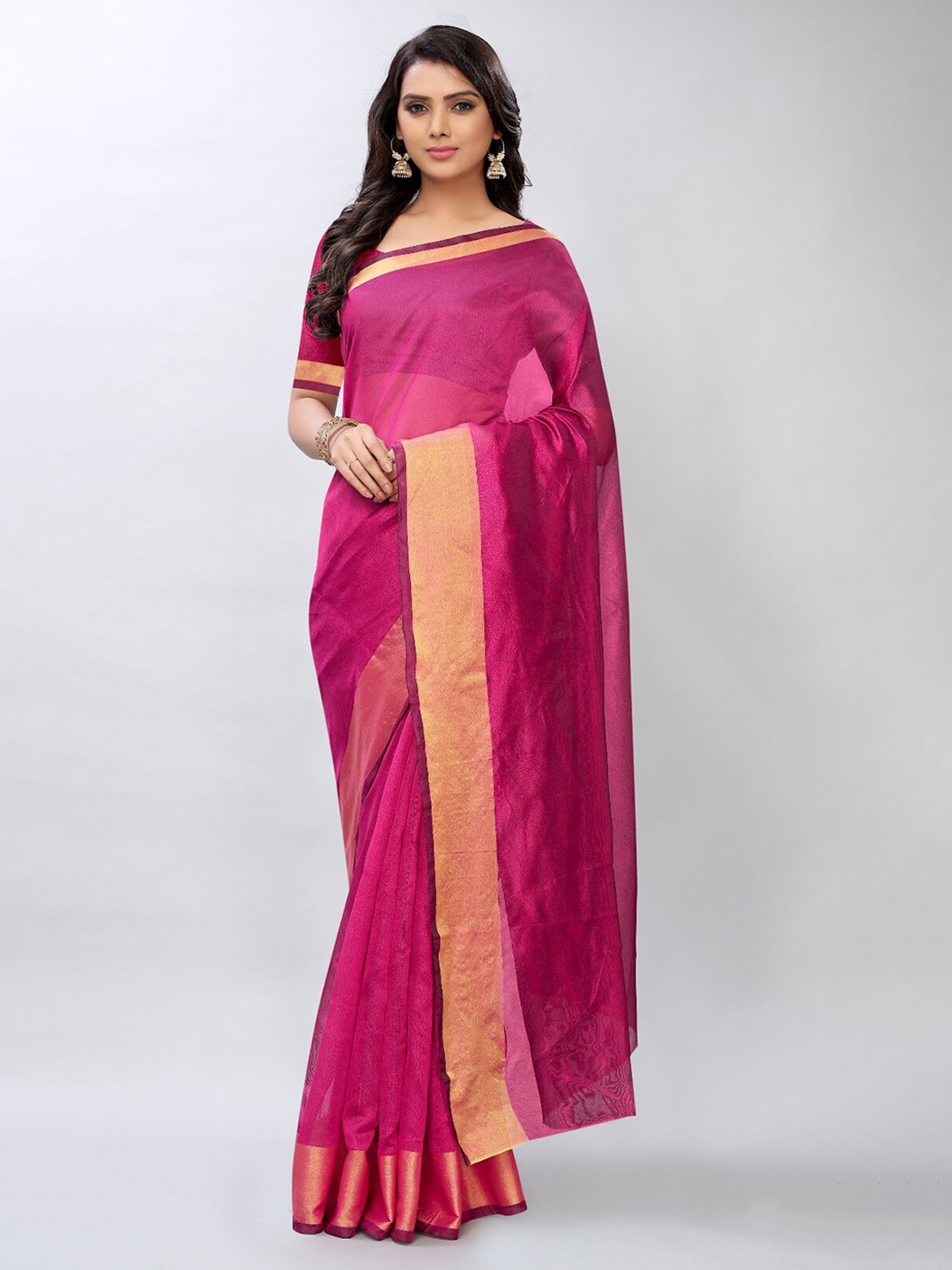 

APNISHA Pink & Gold-Toned Zari Pure Cotton Saree