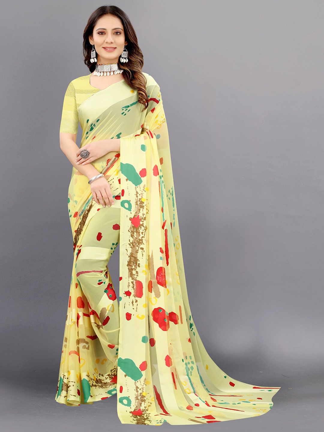 

APNISHA Yellow & Red Pure Georgette Saree