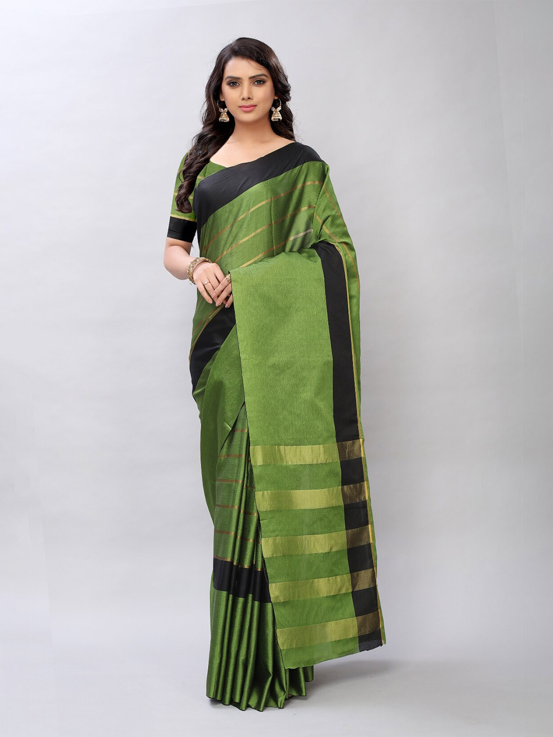 

APNISHA Olive Green & Gold-Toned Striped Pure Cotton Saree
