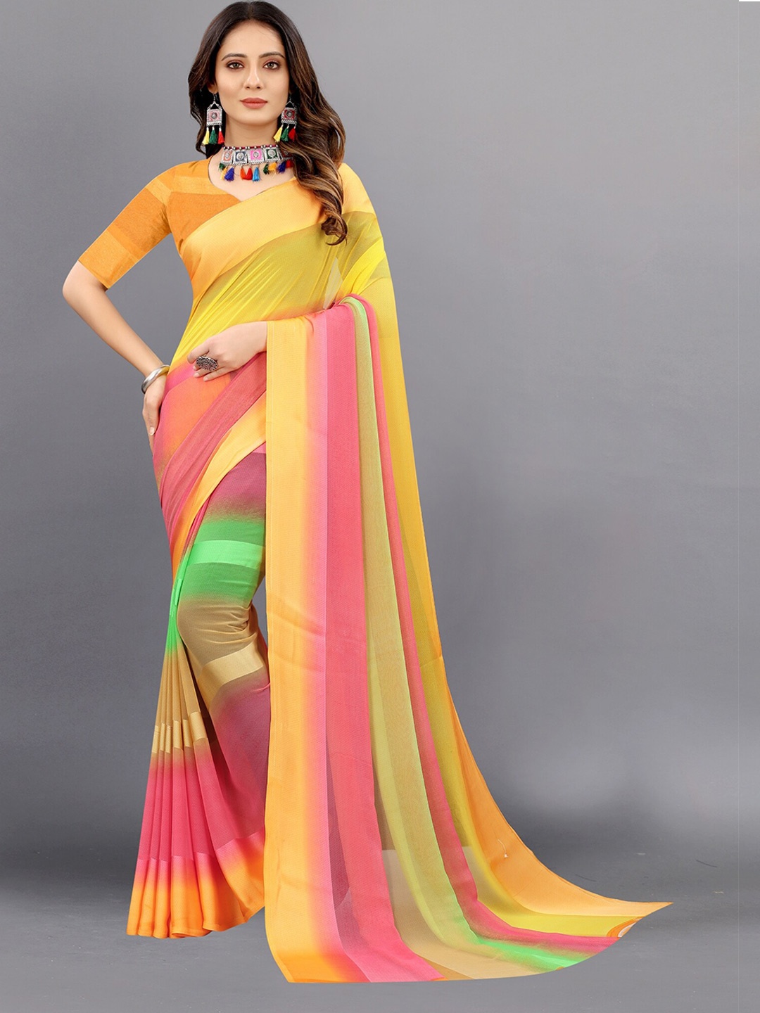 

APNISHA Orange & Pink Striped Zari Pure Georgette Saree
