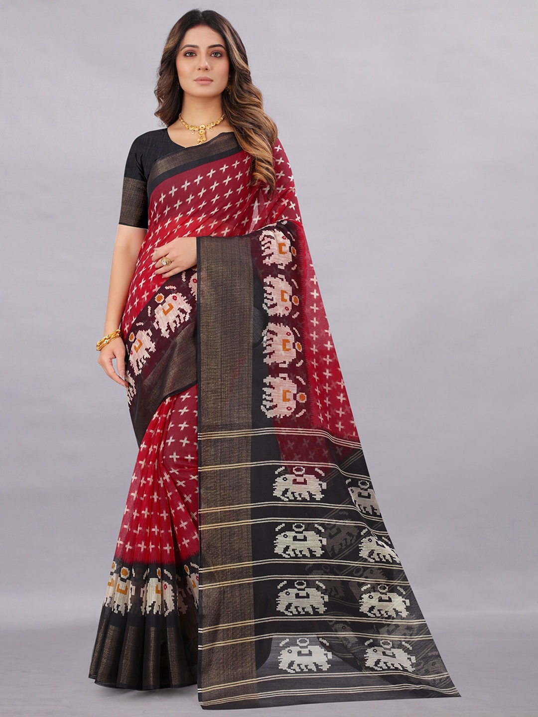 

APNISHA Red & Black Ethnic Motifs Zari Pure Cotton Saree