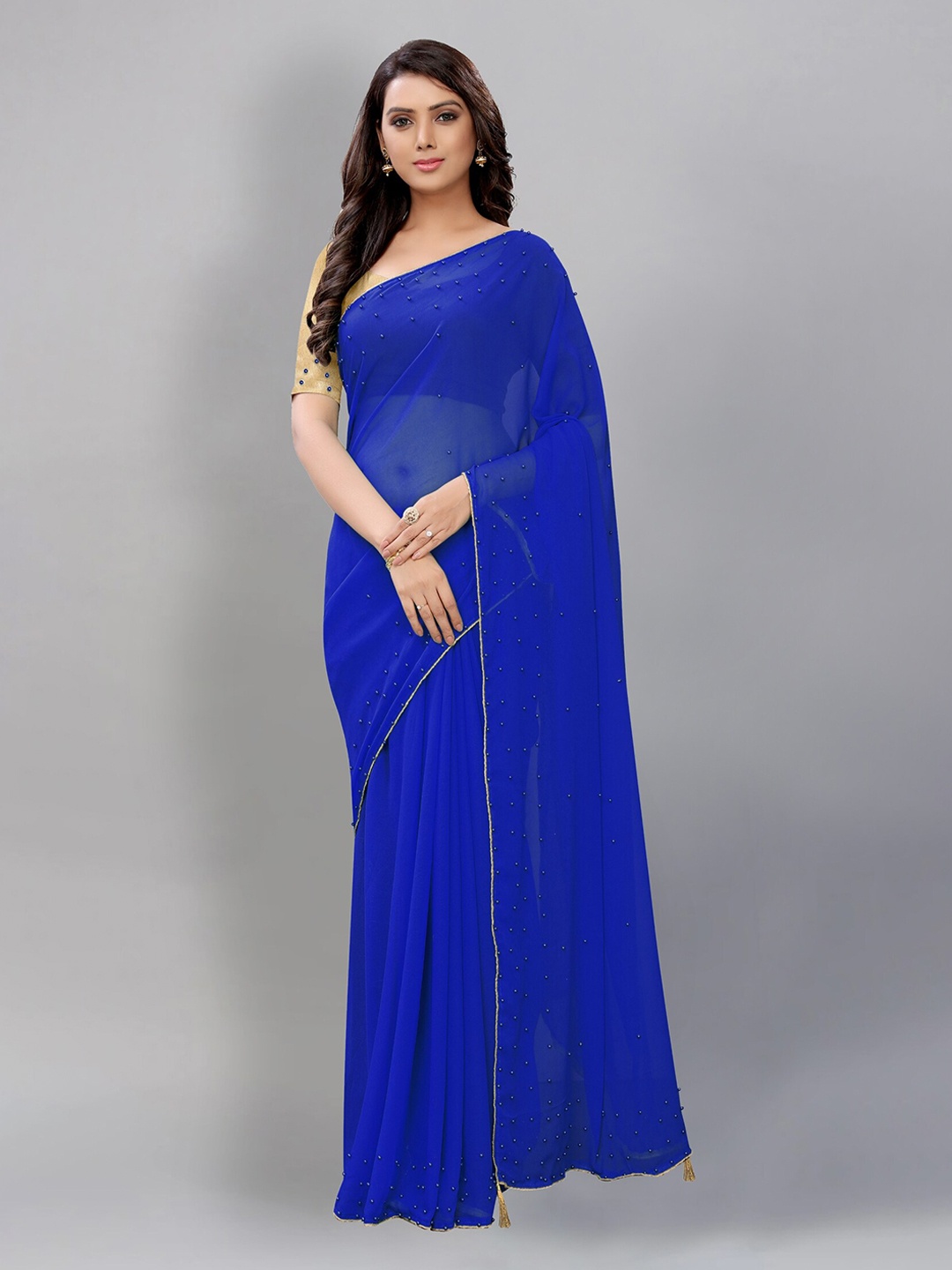

APNISHA Blue & Gold-Toned Pure Georgette Saree