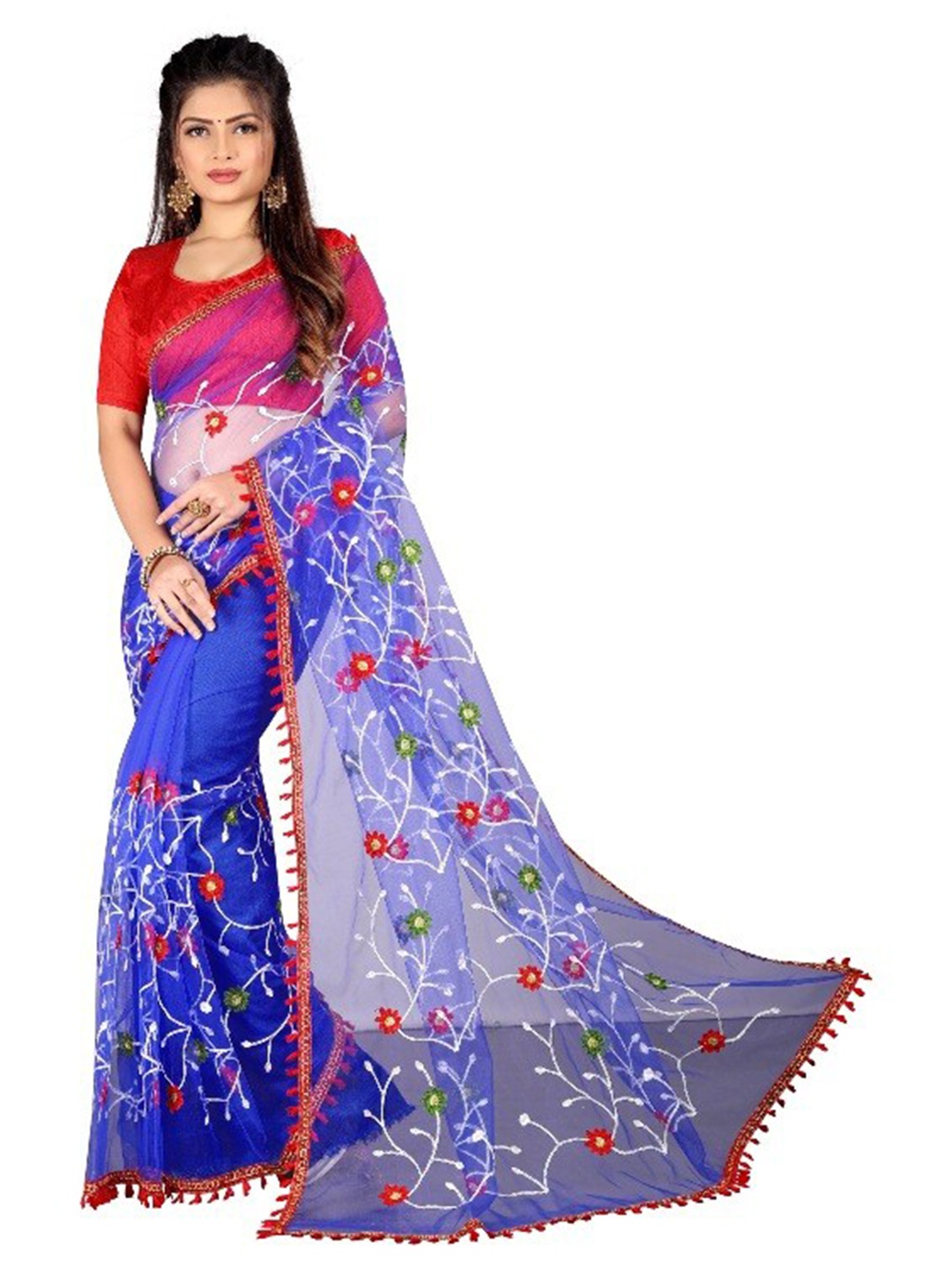 

APNISHA Blue & Red Floral Embroidered Net Saree