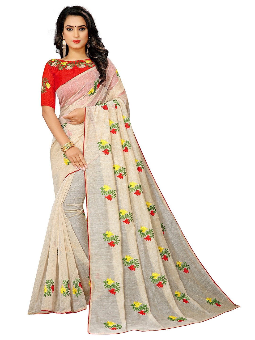 

APNISHA Beige & Red Floral Zari Pure Cotton Saree