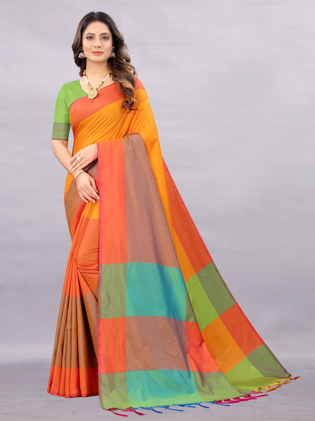 

APNISHA Orange & Blue Colourblocked Pure Cotton Saree