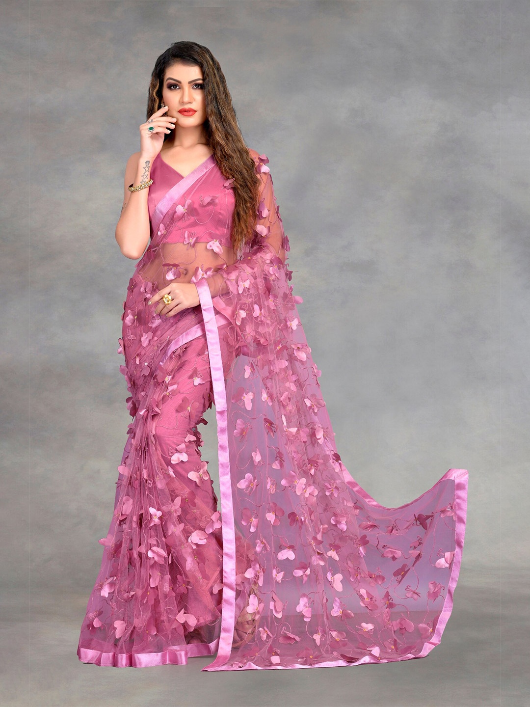 

APNISHA Pink Floral Embroidered Net Saree