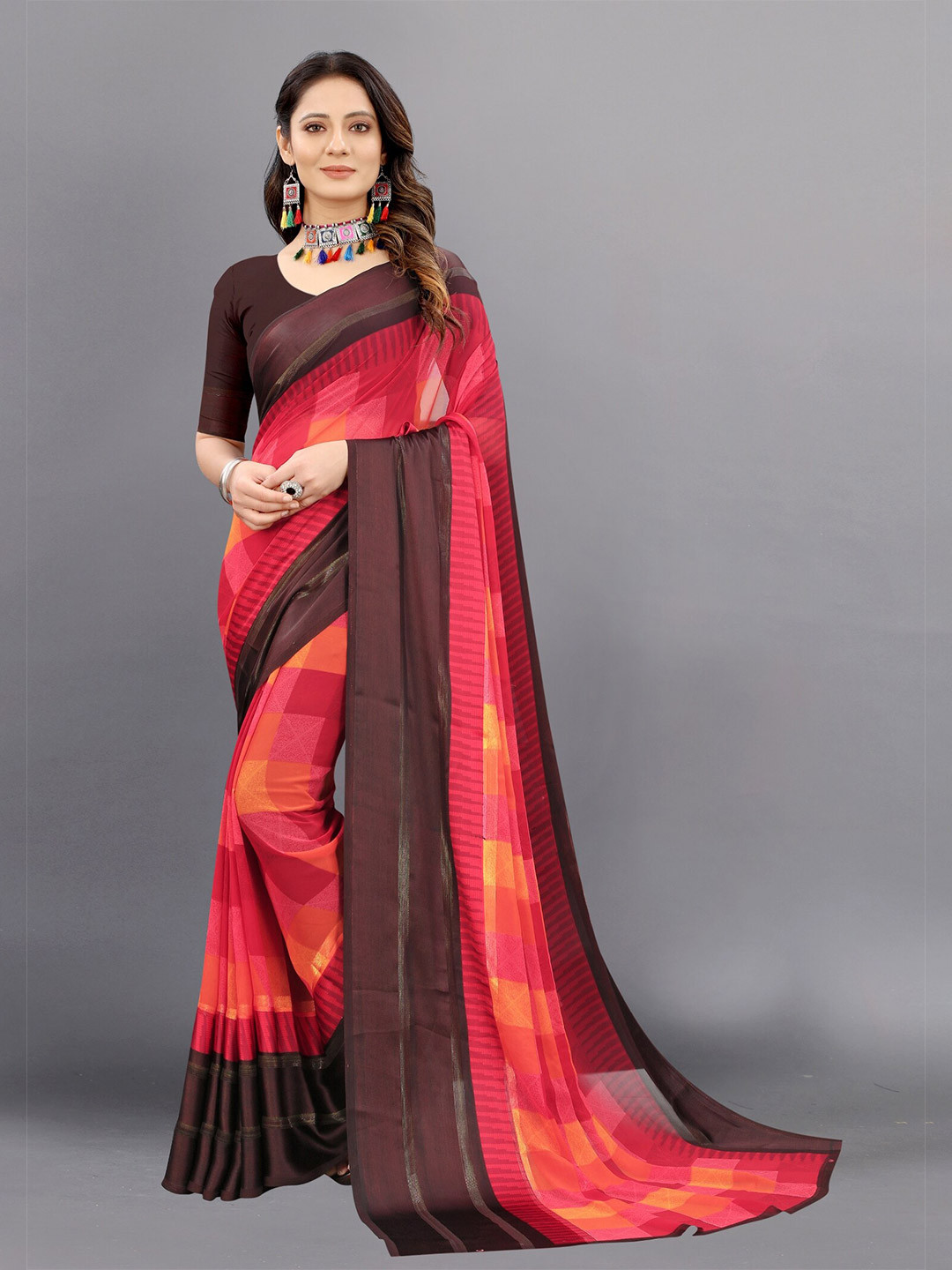 

APNISHA Red & Coffee Brown Checked Pure Georgette Saree