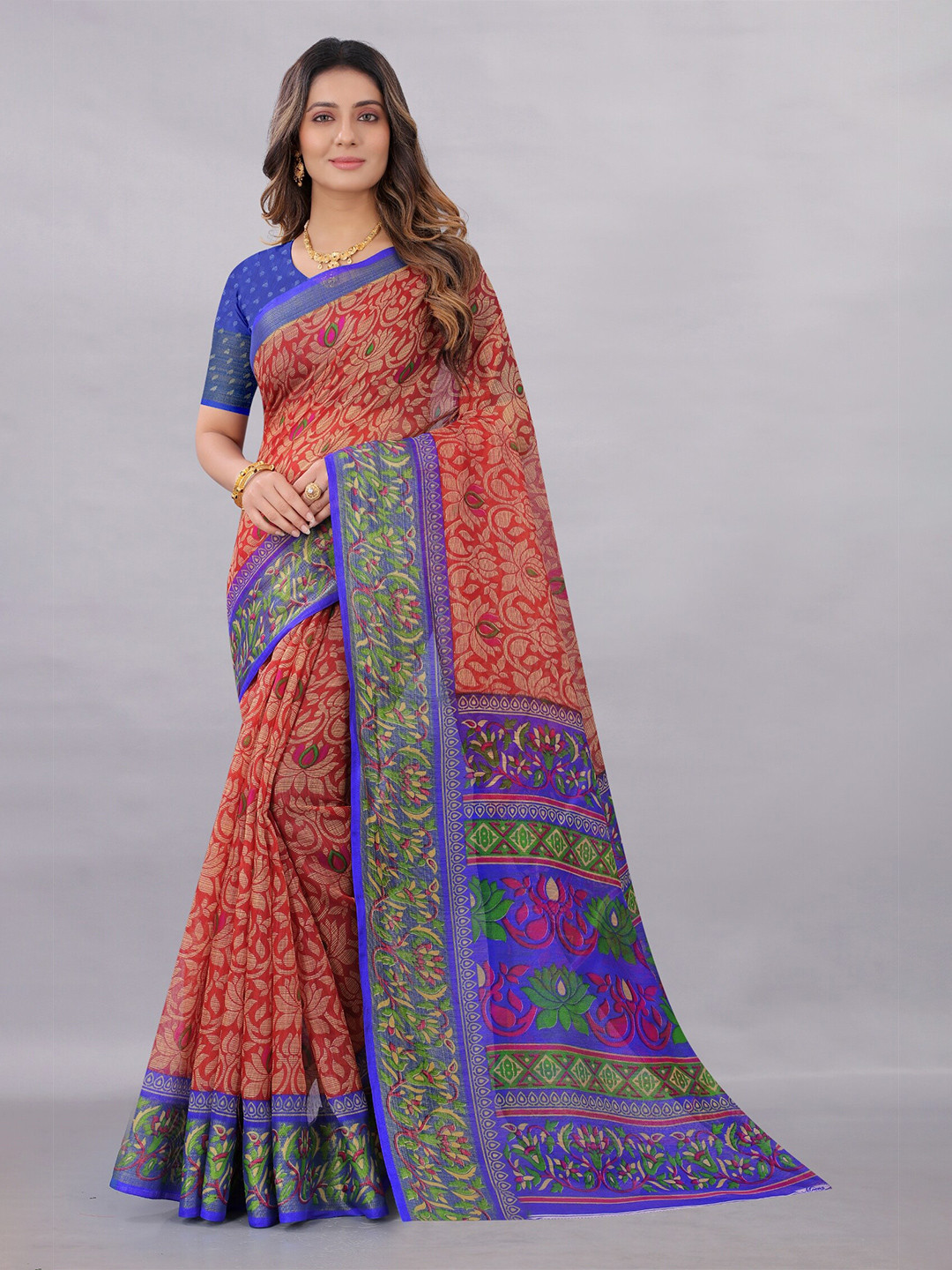 

APNISHA Red & Blue Floral Pure Cotton Saree