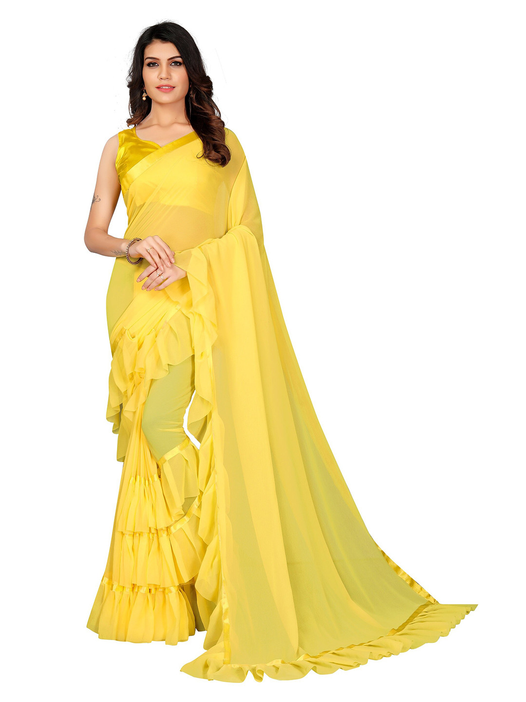 

APNISHA Yellow Pure Georgette Saree