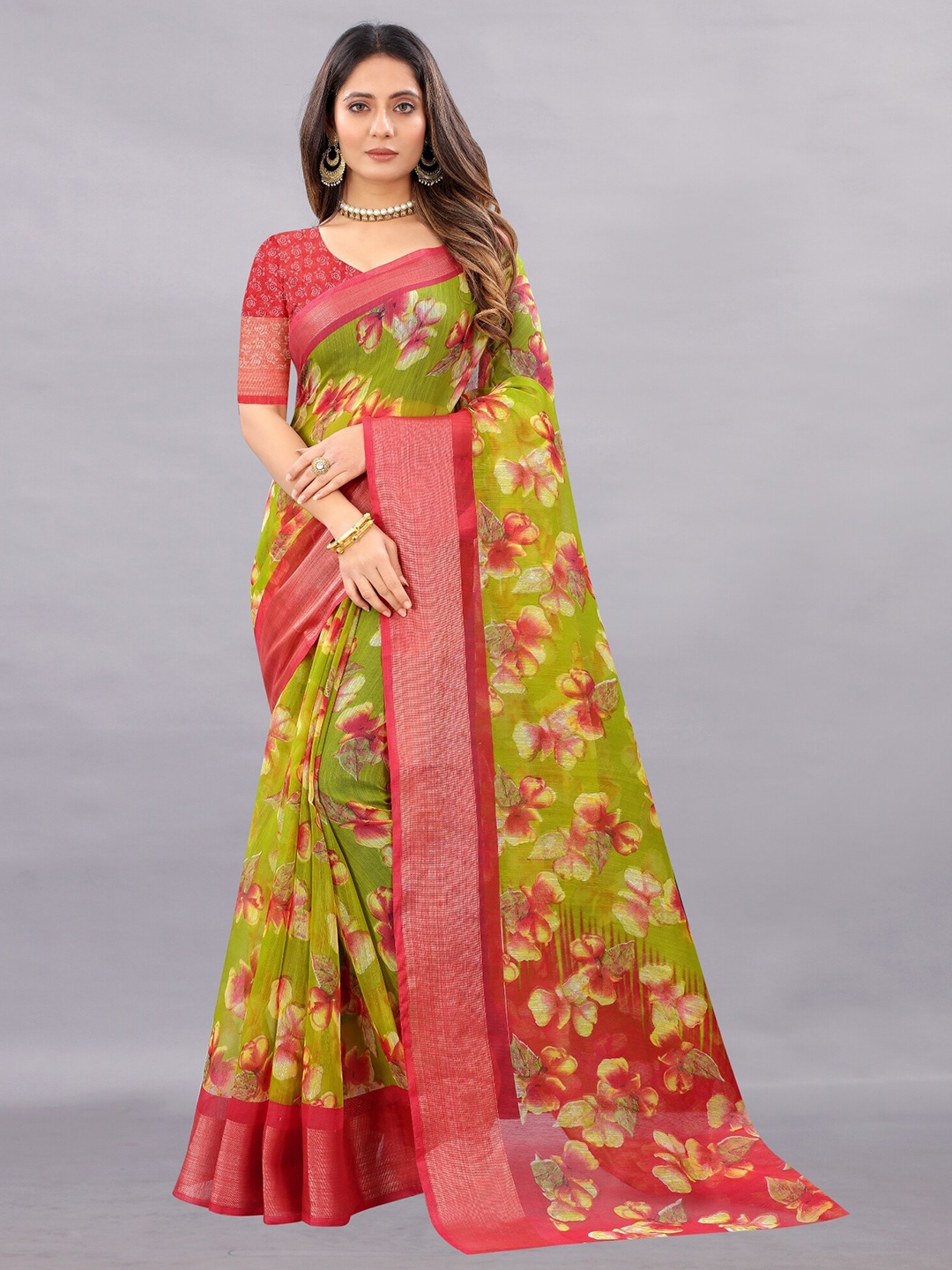 

APNISHA Green & Pink Floral Zari Pure Cotton Saree