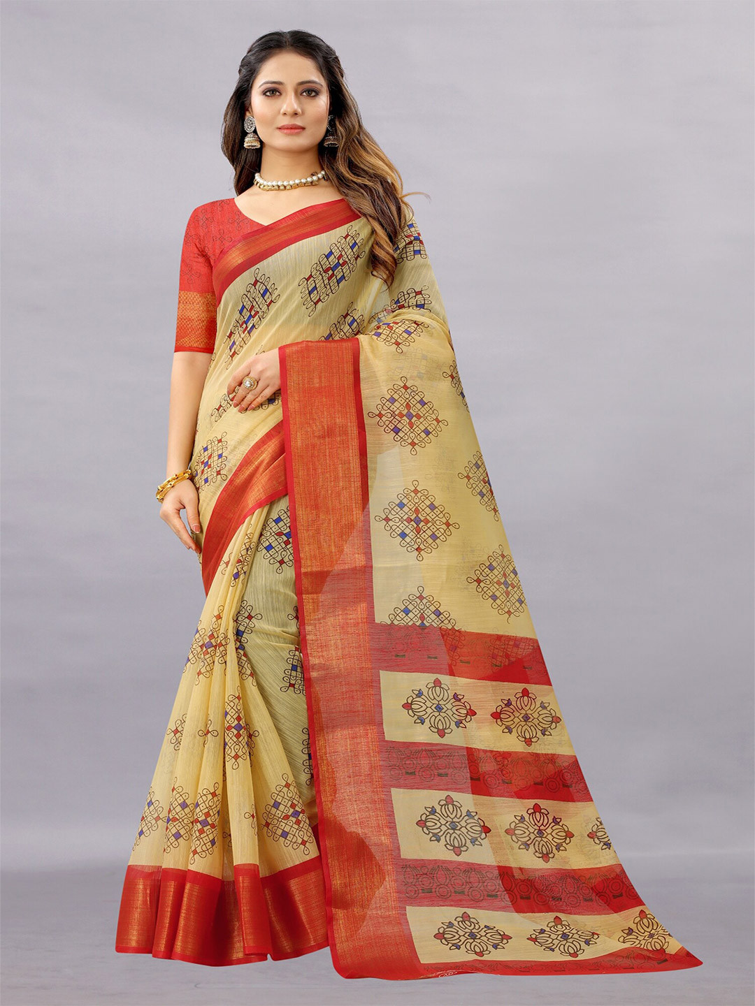 

APNISHA Red & Purple Ethnic Motifs Zari Pure Cotton Saree