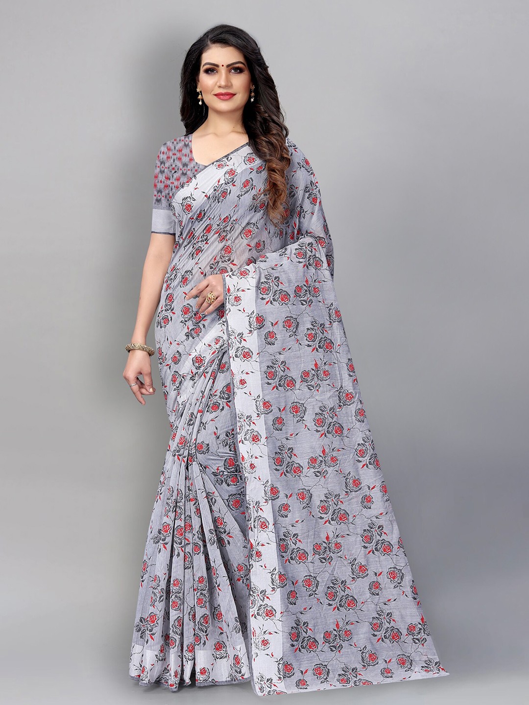 

APNISHA Grey & Red Floral Pure Cotton Saree