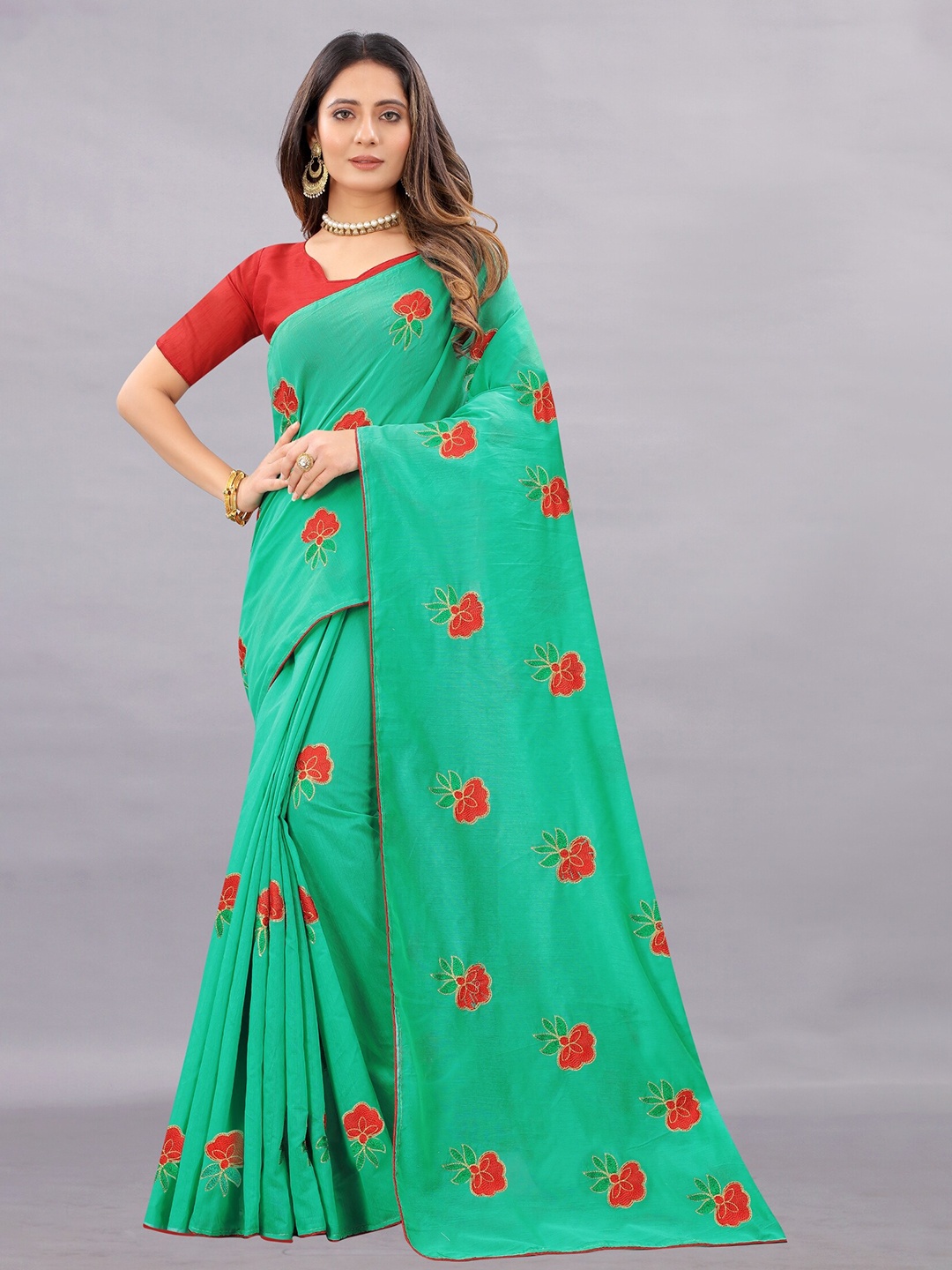 

APNISHA Teal & Red Floral Pure Cotton Saree