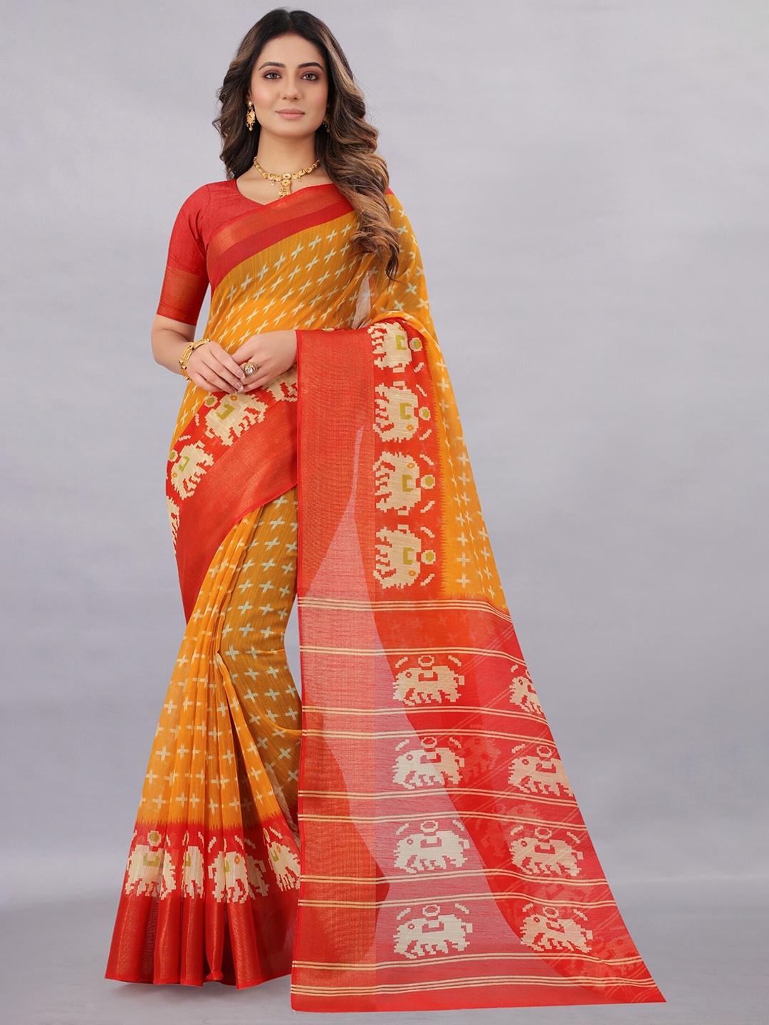 

APNISHA Yellow & Red Ethnic Motifs Zari Pure Cotton Saree