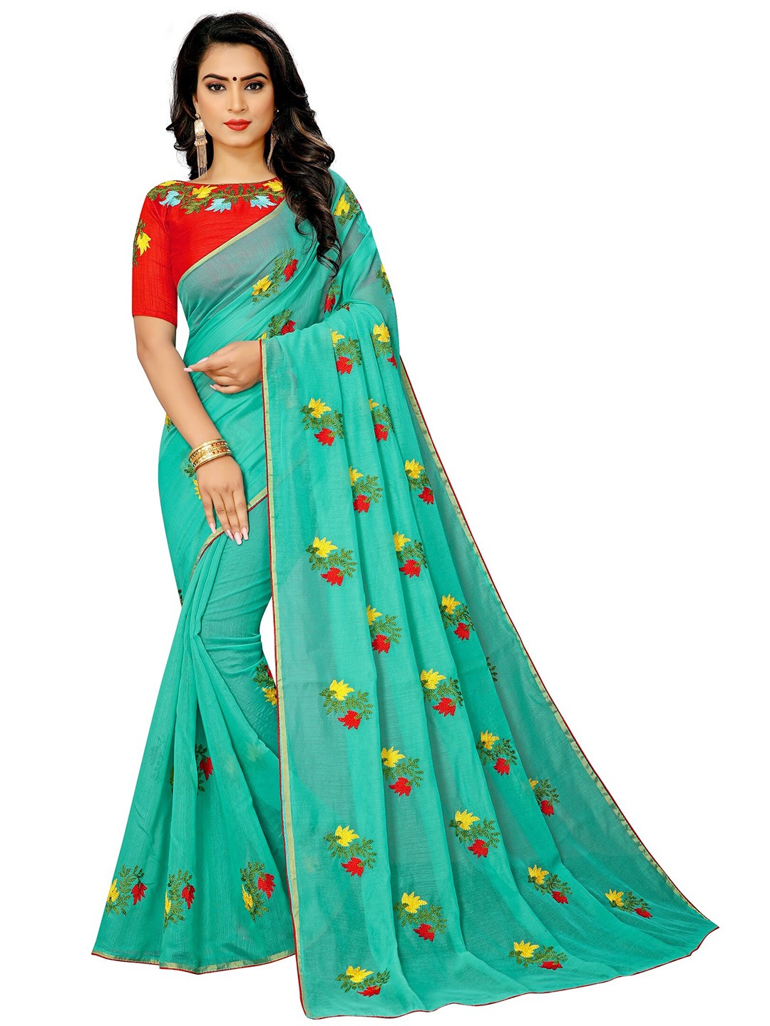 

APNISHA Teal & Yellow Floral Embroidered Pure Cotton Saree