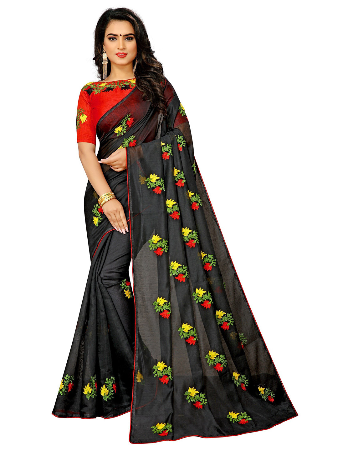 

APNISHA Black & Yellow Embellished Embroidered Pure Cotton Saree