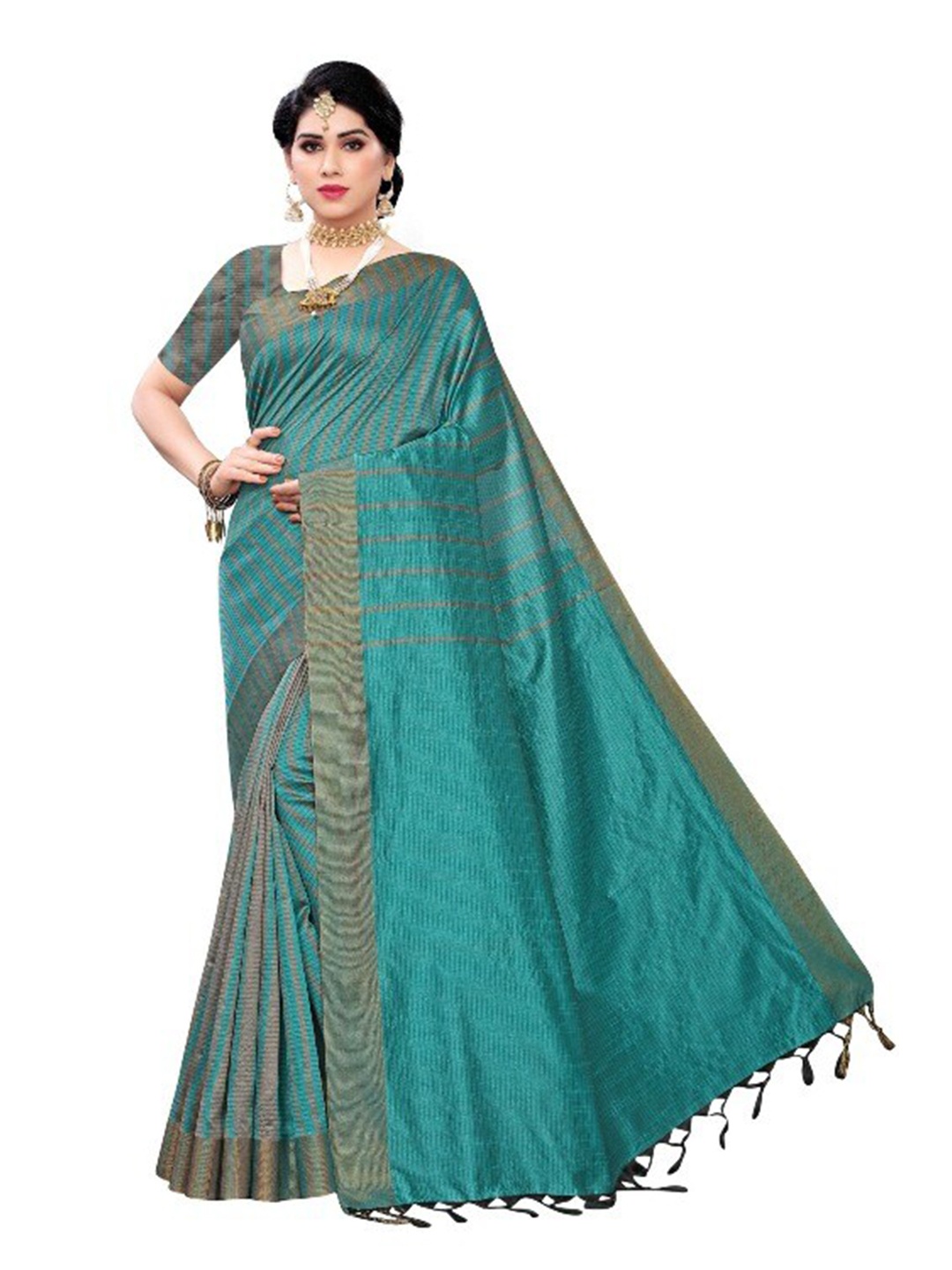 

APNISHA Teal & Grey Striped Pure Cotton Saree
