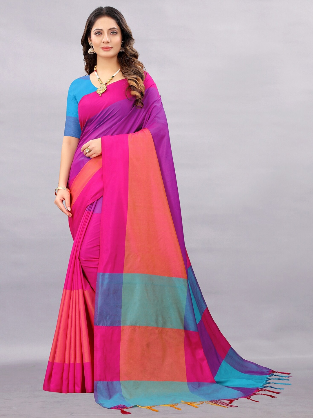 

APNISHA Pink & Blue Colourblocked Pure Cotton Saree