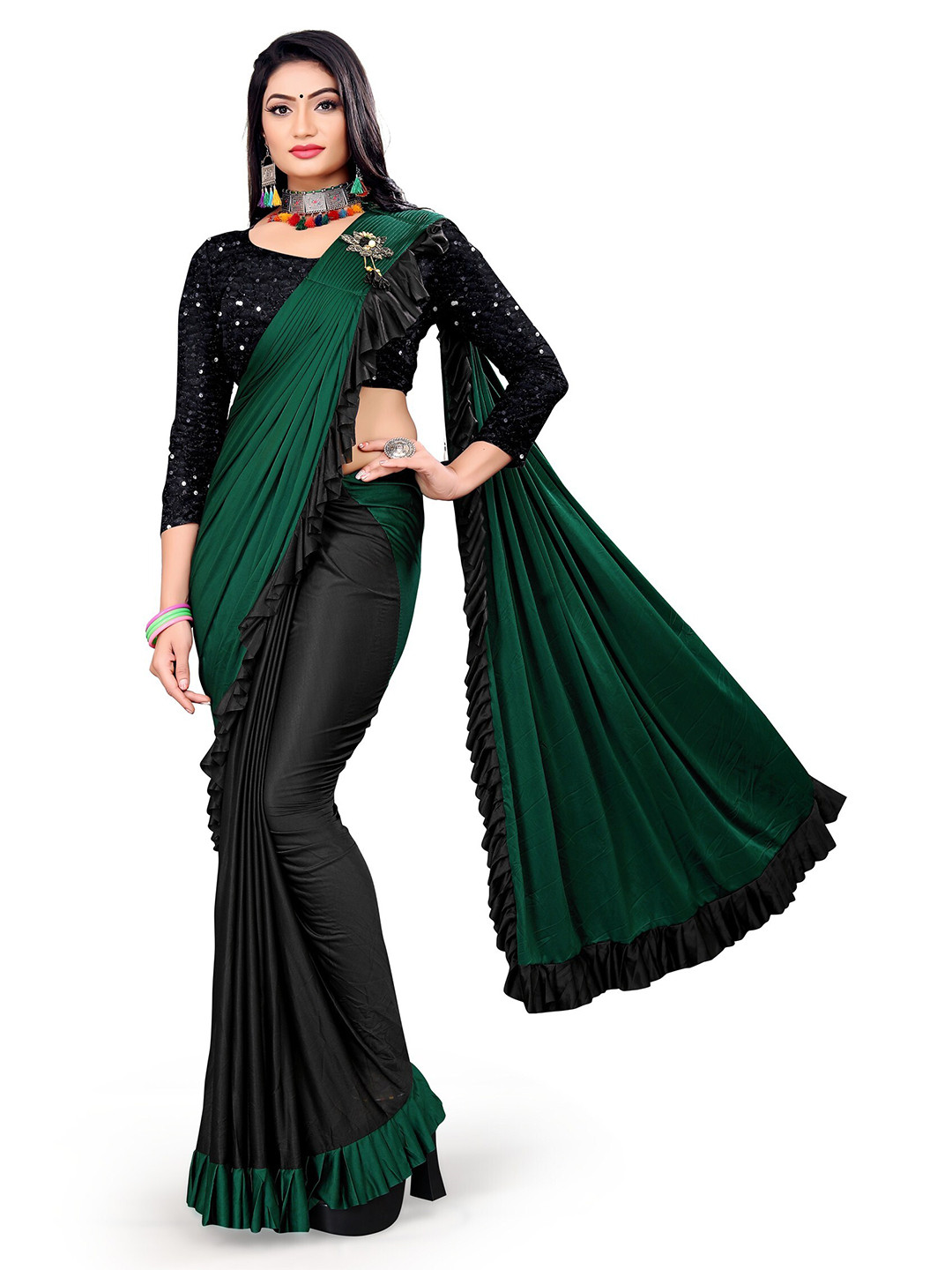 

APNISHA Green & Black Sequinned Saree