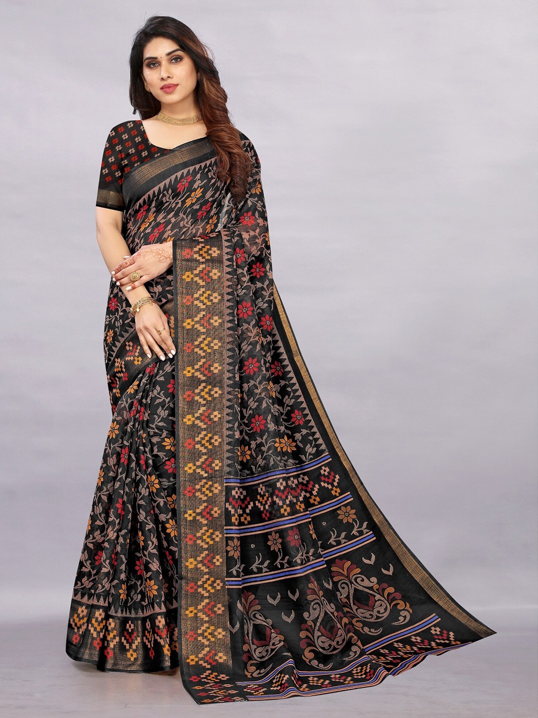 

APNISHA Black & Orange Floral Pure Cotton Saree