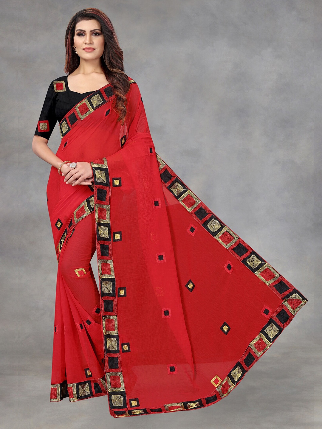 

APNISHA Red & Black Embroidered Pure Chiffon Saree