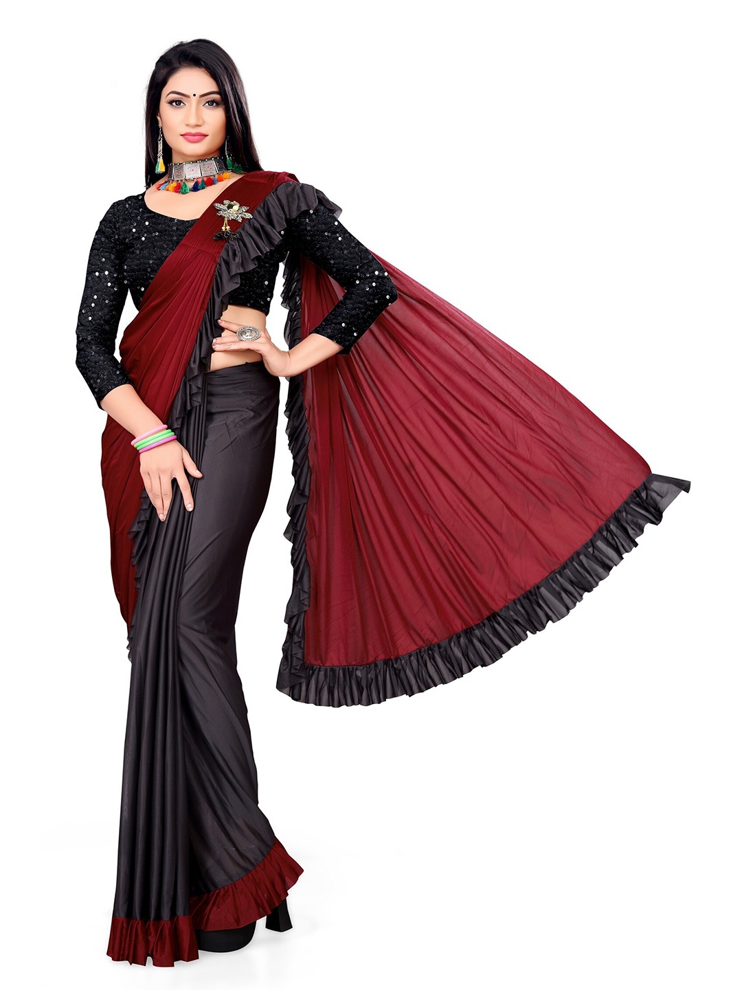 

APNISHA Red & Black Colourblocked Half and Half Saree