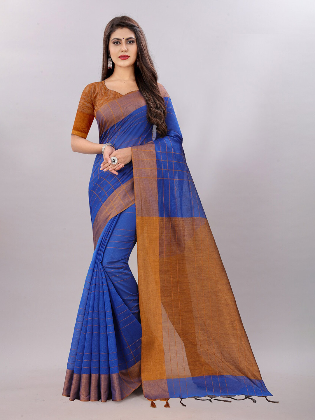 

APNISHA Blue & Brown Checked Pure Cotton Saree