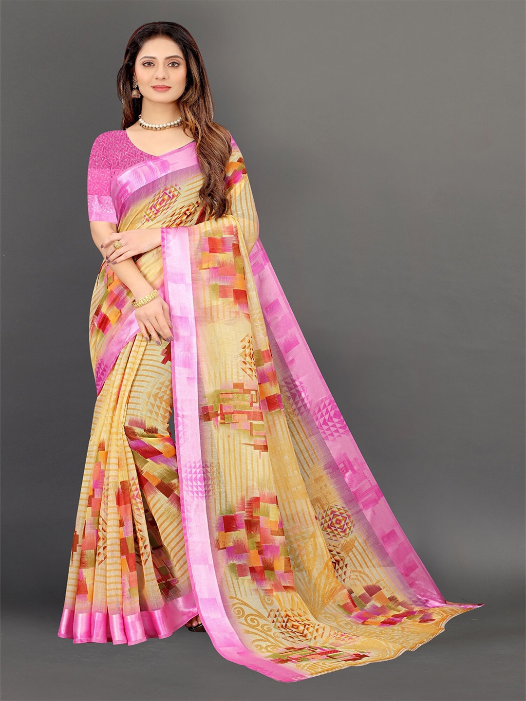 

APNISHA Yellow & Pink Zari Saree