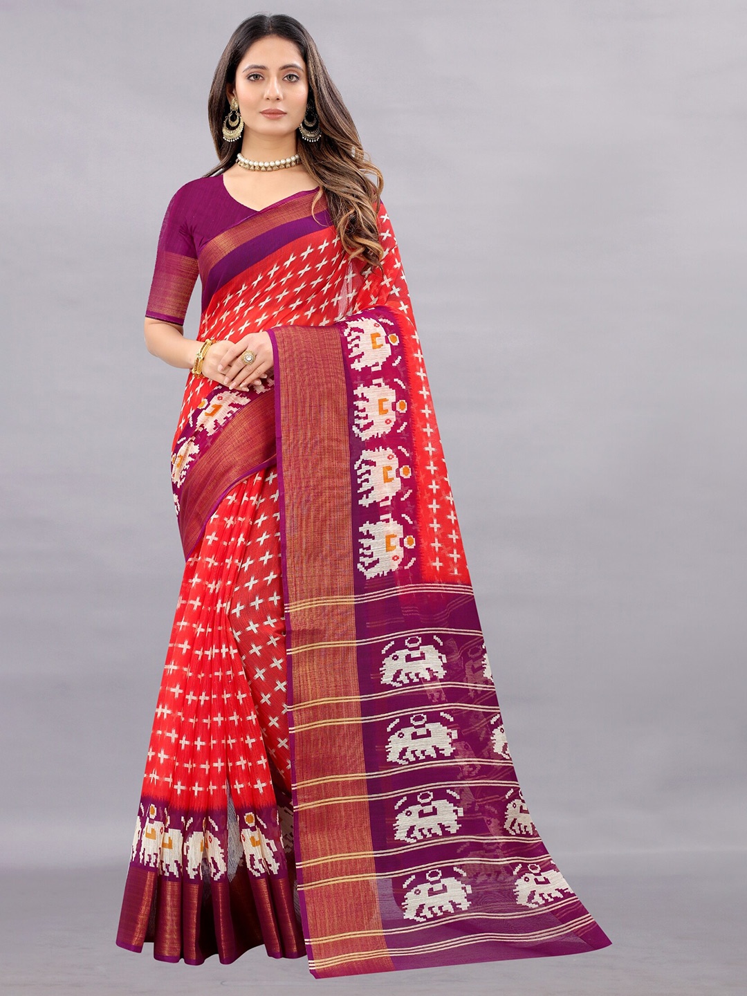 

APNISHA Red & Purple Ethnic Motifs Zari Pure Cotton Saree