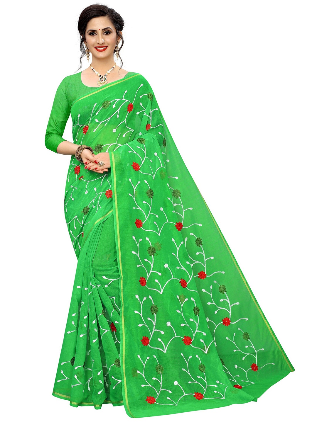 

APNISHA Green & Rust Floral Zari Pure Cotton Saree
