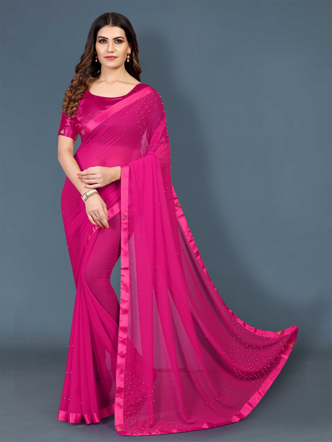 

APNISHA Pink Embellished Pure Georgette Saree