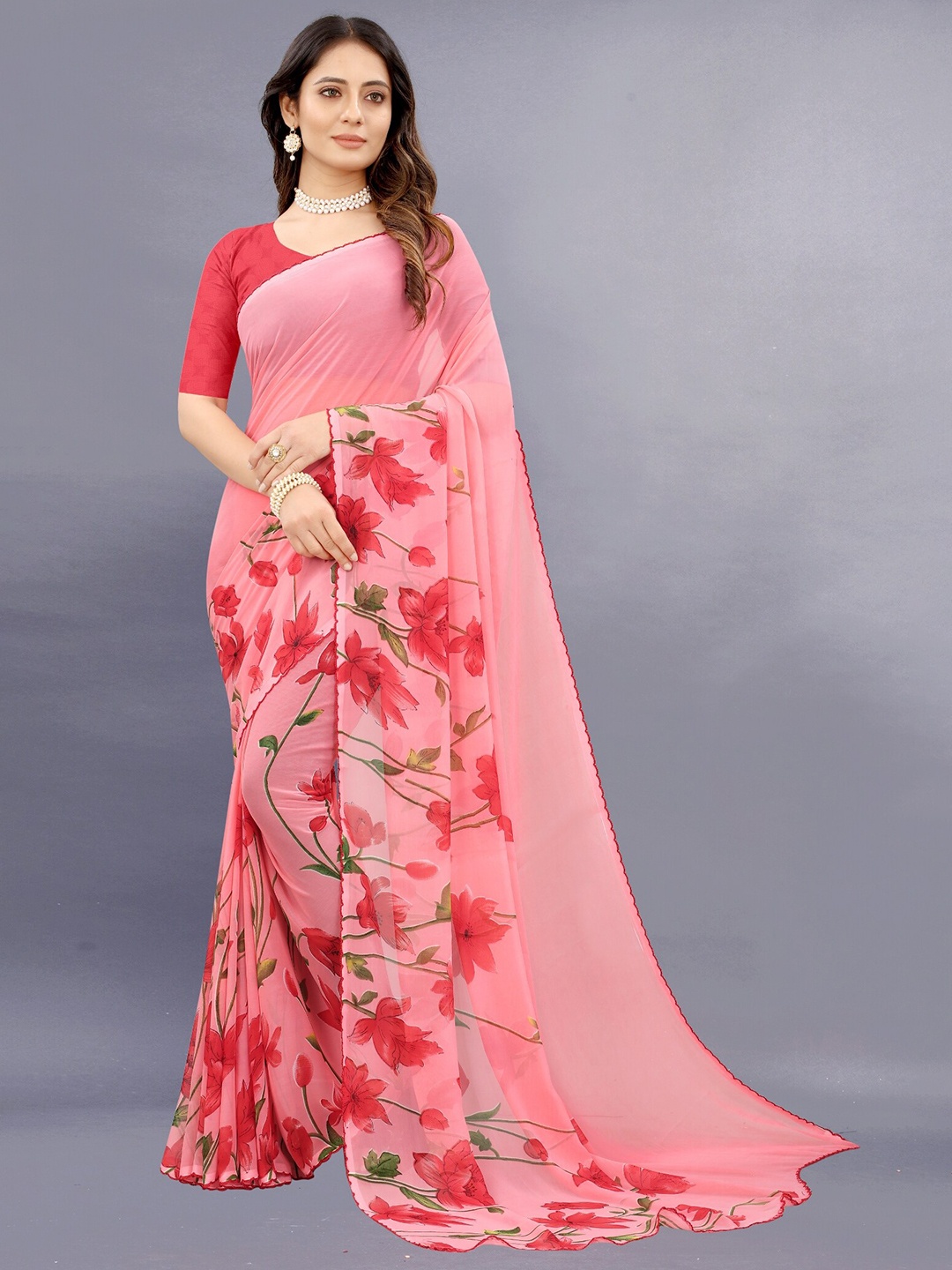 

APNISHA Peach-Coloured & Green Floral Pure Georgette Saree