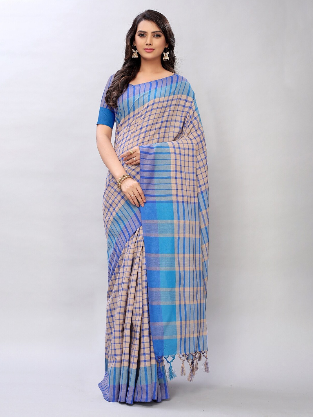 

APNISHA Blue & Yellow Checked Pure Cotton Saree