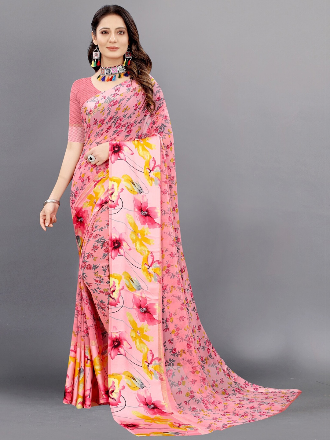 

APNISHA Peach-Coloured & Yellow Floral Pure Georgette Saree