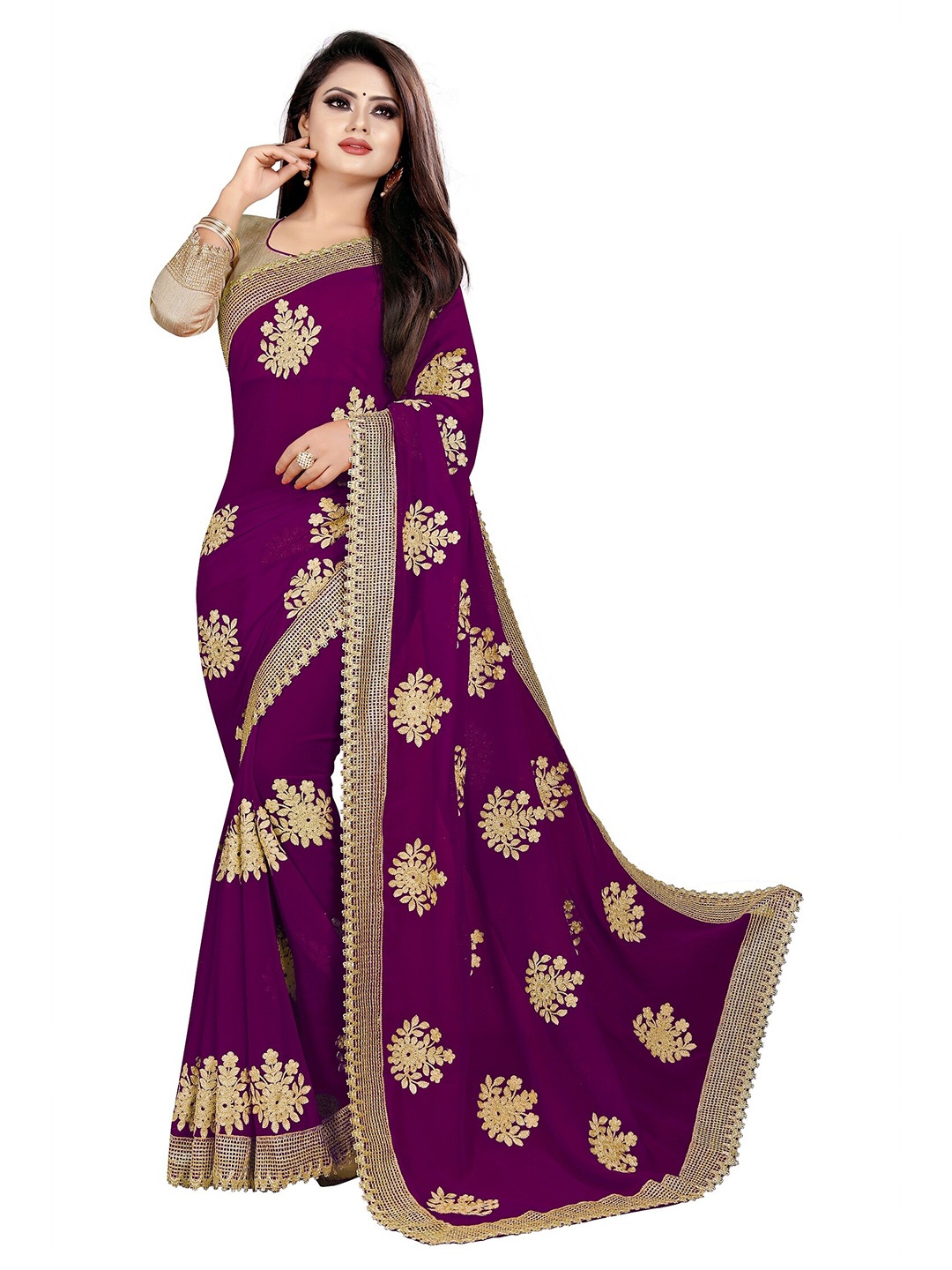 

APNISHA Purple & Gold-Toned Floral Embroidered Pure Georgette Saree