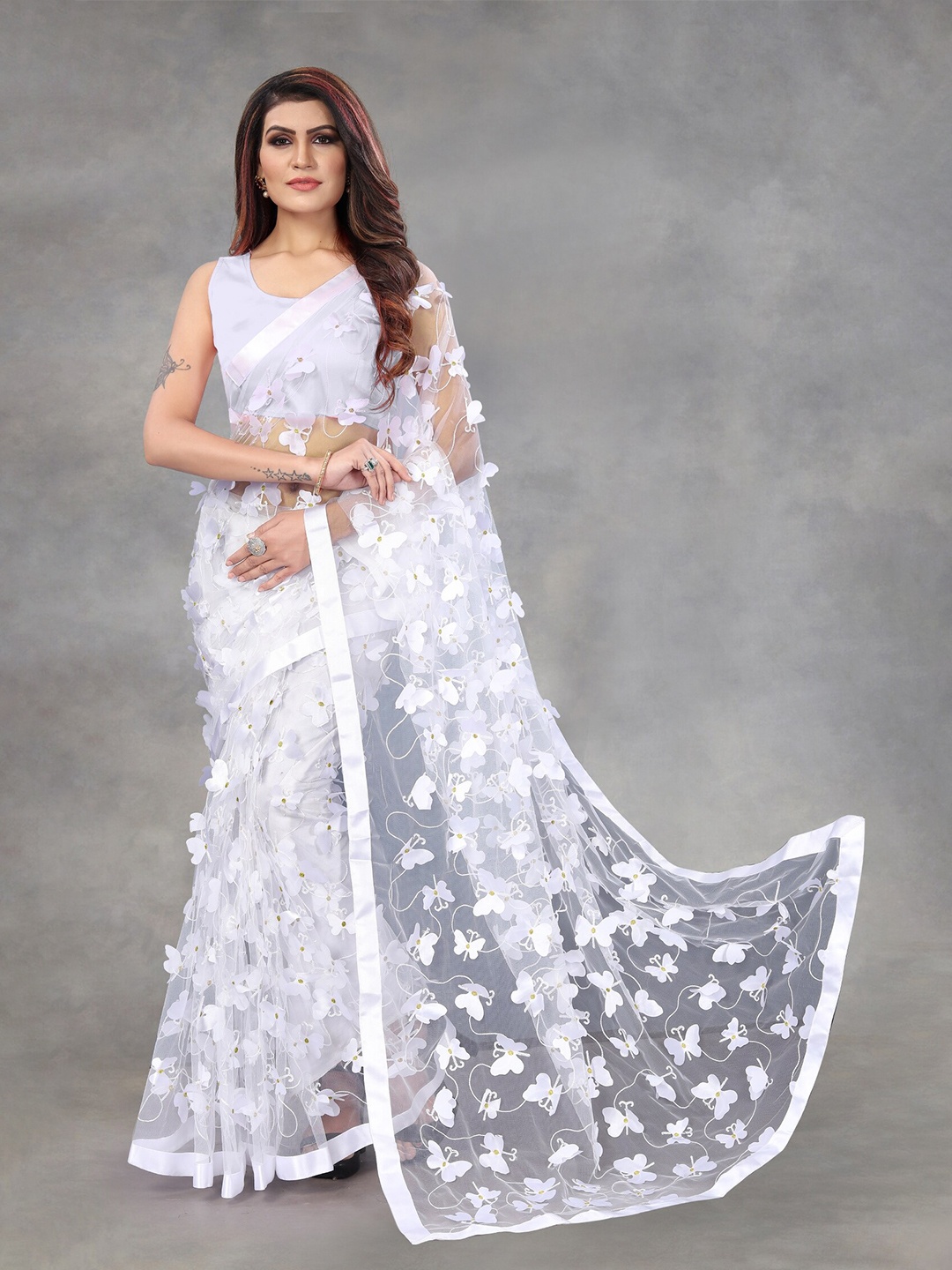 

APNISHA White Floral Embroidered Net Saree