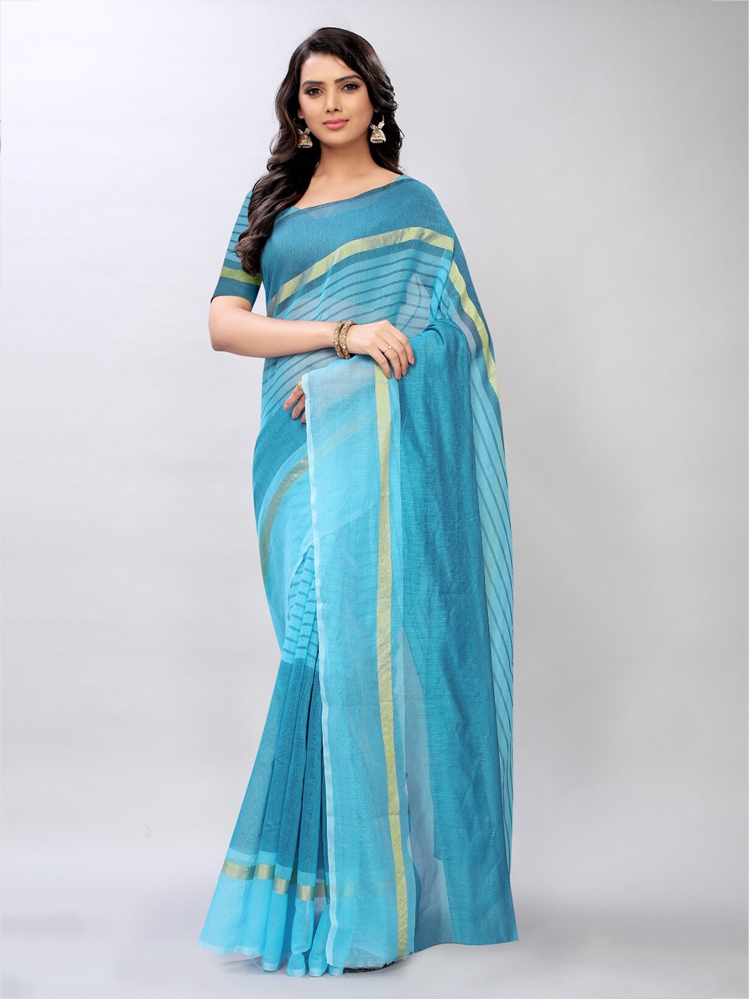 

APNISHA Blue & Gold-Toned Striped Pure Cotton Saree