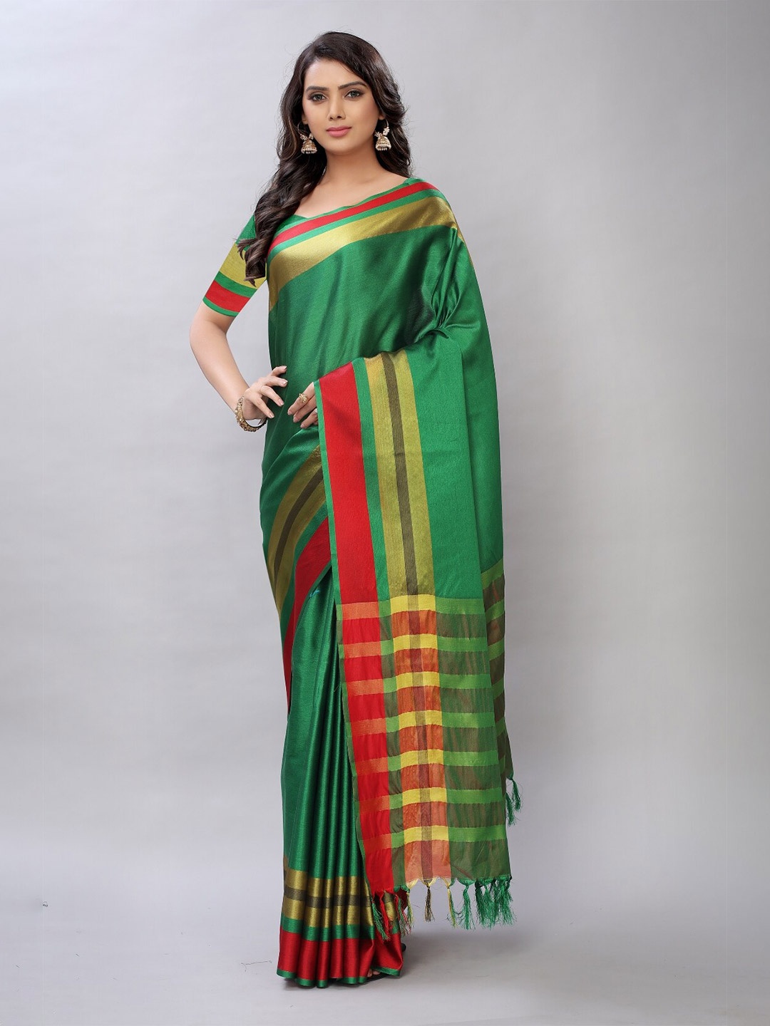 

APNISHA Green & Red Colourblocked Zari Pure Cotton Saree