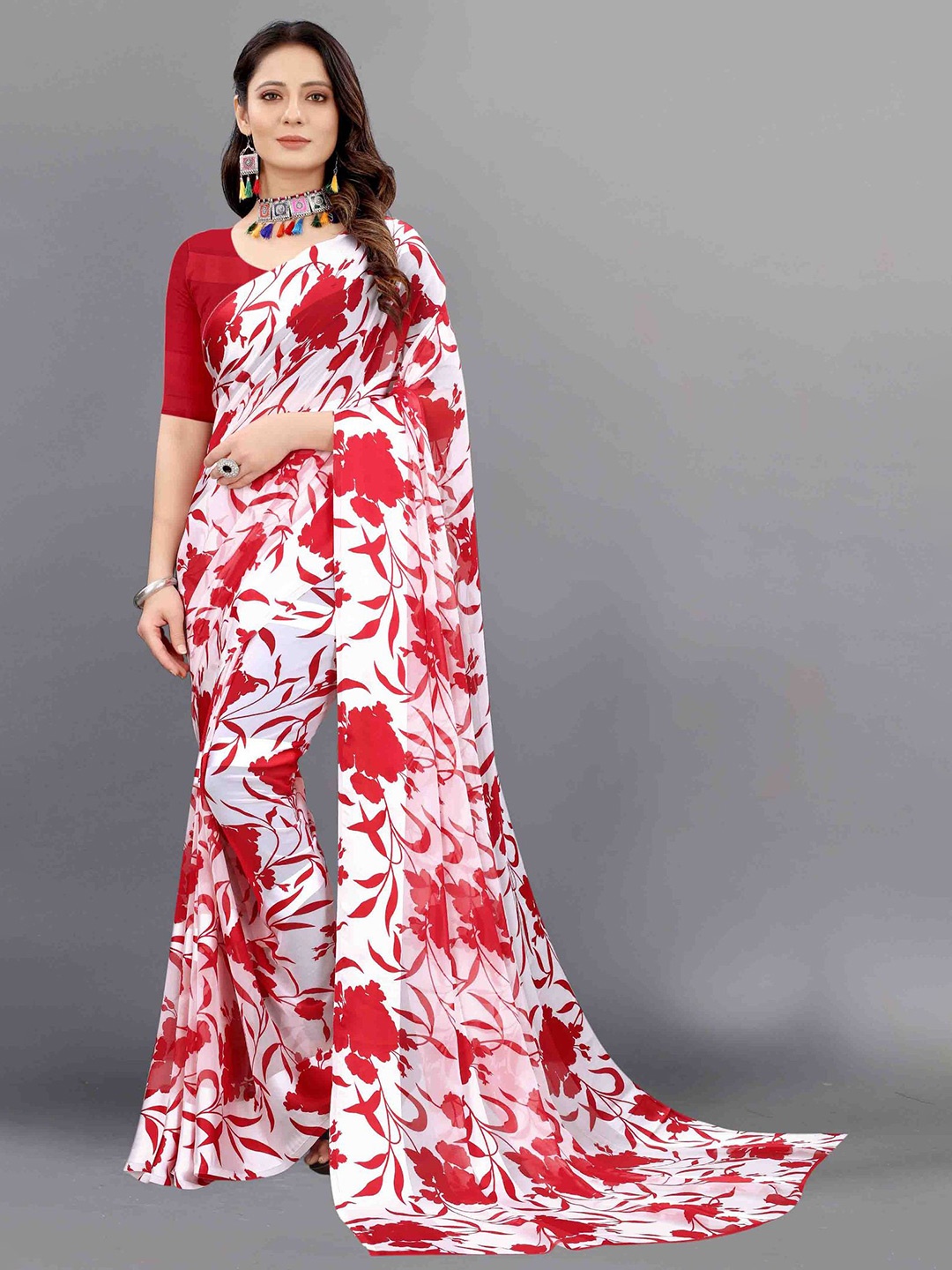 

APNISHA Red & White Floral Pure Georgette Saree
