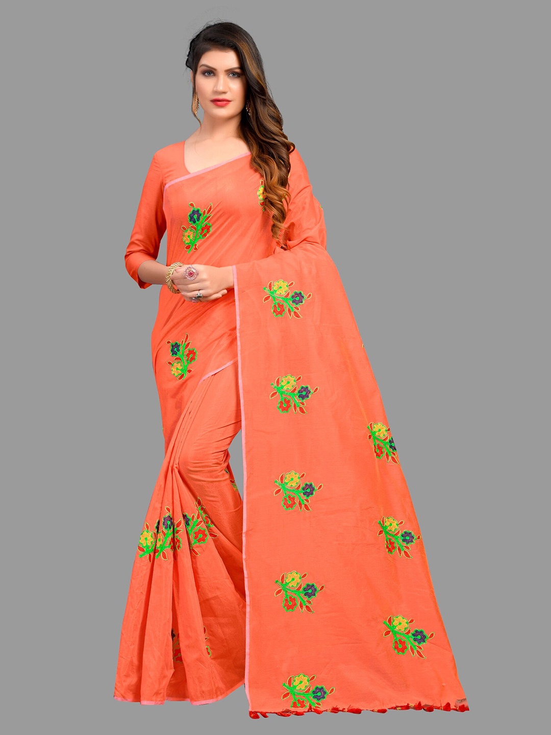 

APNISHA Peach-Coloured & Green Floral Embroidered Pure Cotton Saree