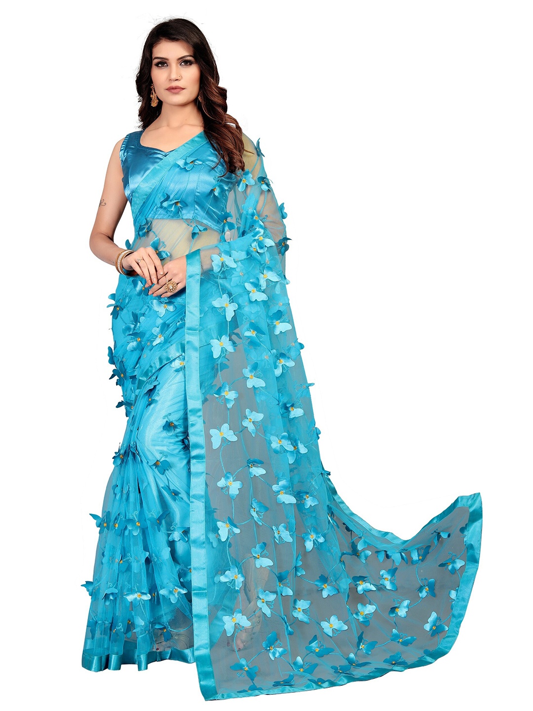 

APNISHA Blue Floral Embroidered Net Saree
