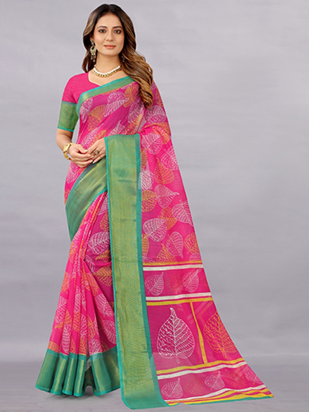 

APNISHA Pink & Green Ethnic Motifs Zari Pure Cotton Saree