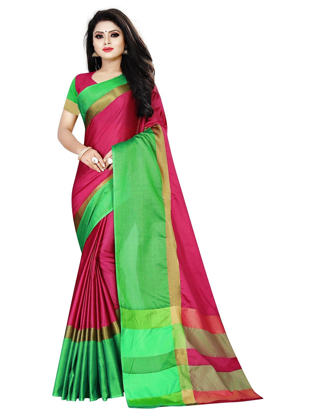 

APNISHA Pink & Green Zari Pure Cotton Saree