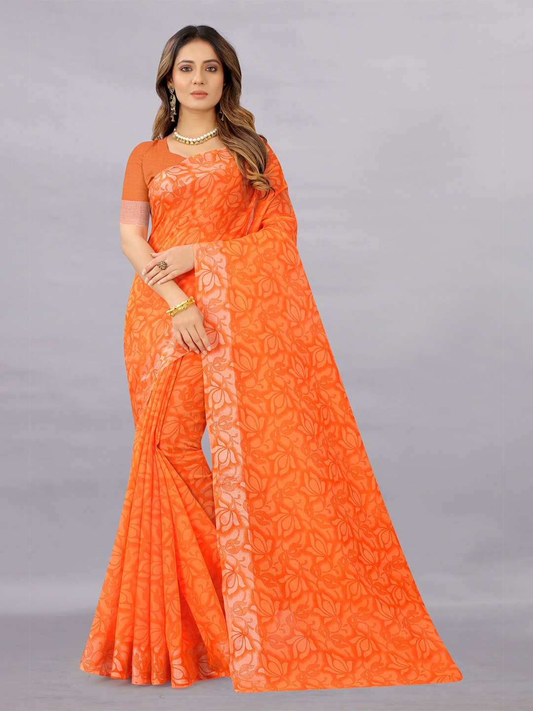 

APNISHA Orange Floral Printed Pure Cotton Saree